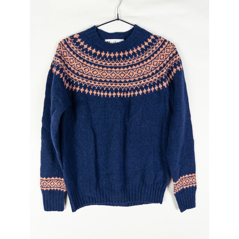 Vintage Harley of Scotland Fair Isle Sweater Womens M Navy Peach 100% Pure Wool